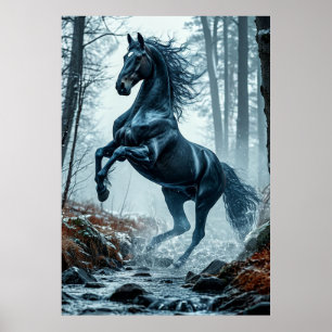 Poster Cheval noir galopant à travers un ruisseau foresti