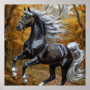 Poster Cheval noir majestueux dans une forêt d'automne