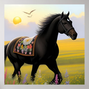 Poster Cheval noir majestueux en train de courir