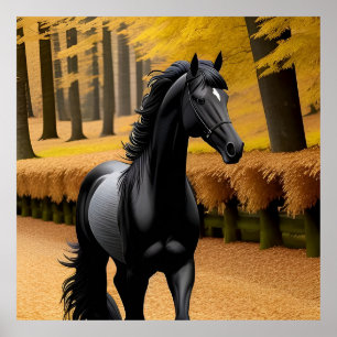 Poster Cheval noir sur un chemin forestier automnal pitto