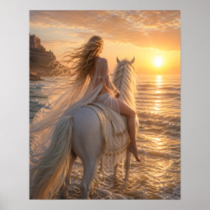 Poster Cheval nu rêveur sur la plage au coucher du soleil