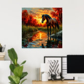 Poster Cheval par Sunset Stream dans une forêt d'automne (Bureau à domicile)