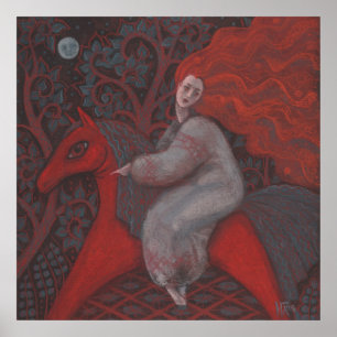 Poster "Cheval Rouge", femme rousse, art surréaliste ima