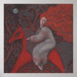 Poster "Cheval Rouge", femme rousse, imaginaire art surré<br><div class="desc">Belle femme avec de longs cheveux de gingembre à cheval rouge écarlate à travers la forêt de nuit. Arbres stylisés et fleurs les entourant, pleine lune regardant du ciel. Couleurs rouge, gris, orange et marron. Imaginaire, peinture pastel, dessiné par l'imagination. Pastels doux sur papier, 2016 © Clipso-Callipso / Julia Khoroshikh...</div>