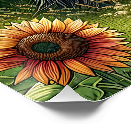 Poster Cheval tacheté, Grange rustique, Soleil levant à l (Coin)