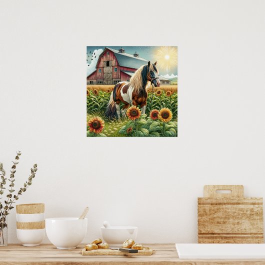 Poster Cheval tacheté, Grange rustique, Soleil levant à l (Cuisine)