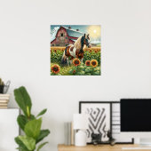 Poster Cheval tacheté, Grange rustique, Soleil levant à l (Bureau à domicile)