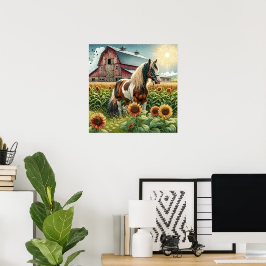 Poster Cheval tacheté, Grange rustique, Soleil levant à l (Bureau à domicile)