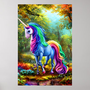 Poster Cheval Unicorne coloré dans la forêt-46567