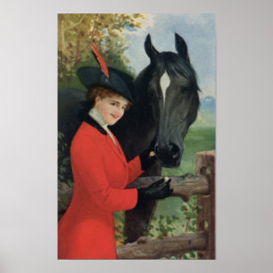 Poster Cheval vintage Girl Rouge Manteau équestre sucre C