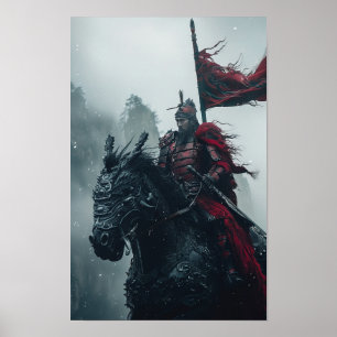 Poster Chevalier blond rouge majestueux à cheval sur une