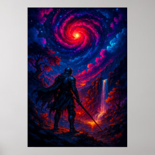 Poster Chevalier cosmique avec épée sous Imaginaire Ciel