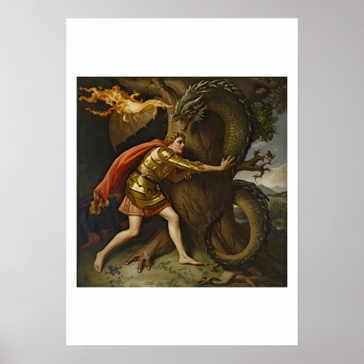 Poster Chevalier en armure dorée contre le dragon (Devant)