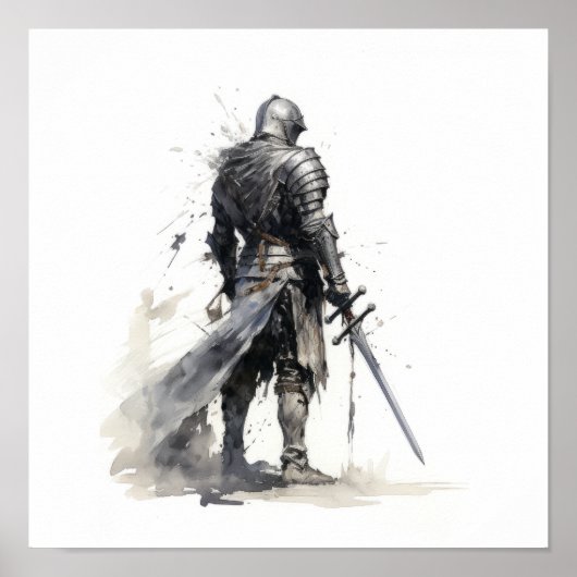 Poster Chevalier épique avec épée - Noir et blanc étonnan (Devant)