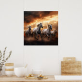 Poster chevaux blancs au coucher du soleil (Cuisine)