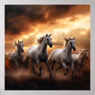 Poster chevaux blancs au coucher du soleil