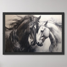 Chevaux blancs noirs monochromes | Grande peinture