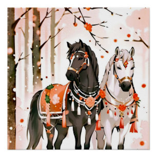 Poster Chevaux dans une forêt rouge