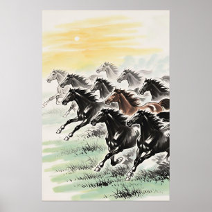 Poster Chevaux de galop Feng Shui - Lavage chinois à l'en