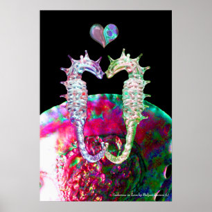 POSTER CHEVAUX DE MER EN AMOUR ET ROSE MÈRE DE PERLE