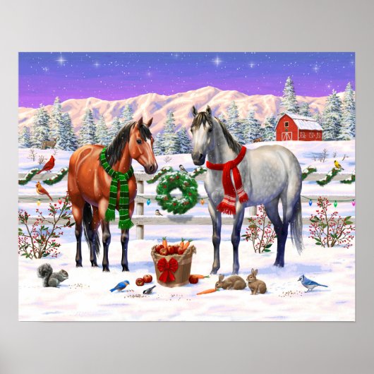 Poster Chevaux de Noël dans la neige (Devant)