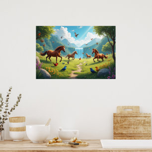 Poster Chevaux et oiseaux joueurs dans une prairie luxuri
