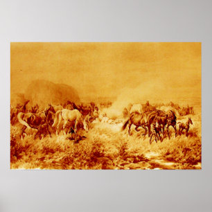 Poster CHEVAUX GRAZER Antique Orange Jaune Sepia Brown