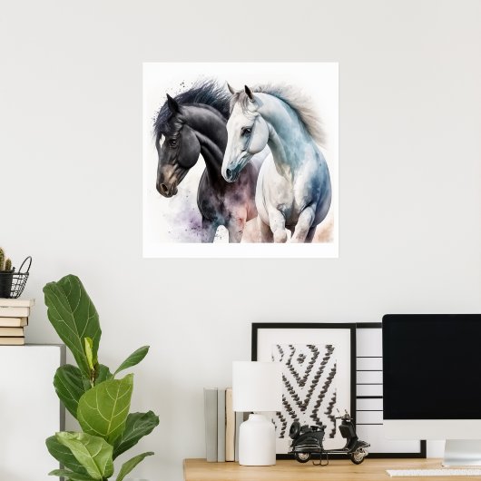 Poster Chevaux noir et blanc en aquarelle (Bureau à domicile)