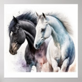 Poster Chevaux noir et blanc en aquarelle (Devant)