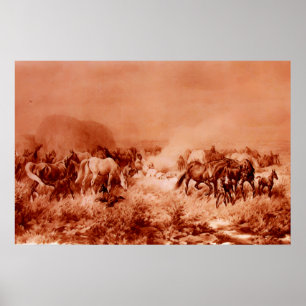Poster CHEVAUX PÂTURANT Antique Rouge Brun Rose