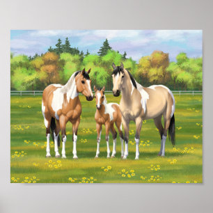 Poster Chevaux Poulet Poulet Poulet À Peinture En Pâturag