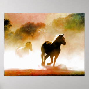 Poster Chevaux qui courent dans le brouillard