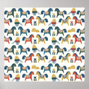 Poster Chevaux scandinaves : Art populaire coloré