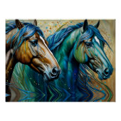 Poster Chevaux Turquoise bleu vert brun (Devant)