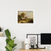 Poster Chevaux : Un Stallion gris pâturant avec des Mares (Bureau à domicile)