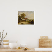 Poster Chevaux : Un Stallion gris pâturant avec des Mares (Cuisine)