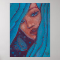 Cheveux Bleu, Sirène Portrait Imaginaire fille Art