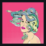 Poster Cheveux de serpent Medusa<br><div class="desc">Illustration colorée de Medusa dans le style des affiches vintages et rétro. Elle a des serpents pour les cheveux et dans sur un arrière - plan rose chaud de demi-tons.</div>