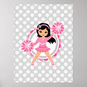 Poster Cheveux noirs Pom-pom girl roses - Cute Cheveux