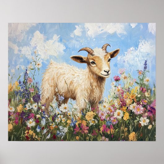 Poster Chèvre Cute Entourée De Fleurs sauvages (Devant)