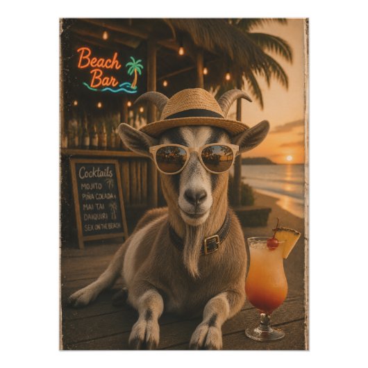 Poster Chèvre de plage cool avec cocktail (Devant)