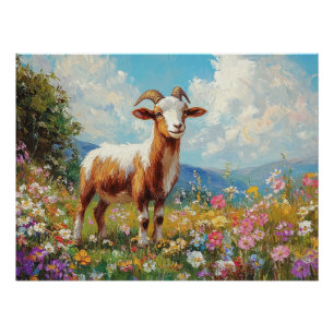 Poster Chèvre mignonne Coloré Fleur sauvage Meadow