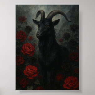 Poster Chèvre noire gothique avec roses rouges Art foncé