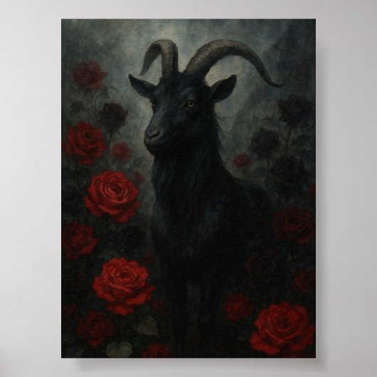 Poster Chèvre noire gothique avec roses rouges Art foncé (Devant)