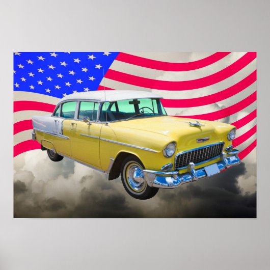 Poster Chevrolet Bel Air 1955 Avec Drapeau Américain (Devant)