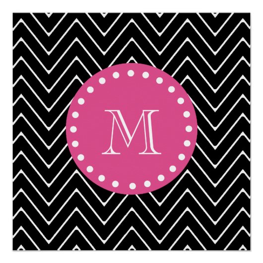 Poster Chevron rose chaud, noir et blanc | Votre monogram (Devant)