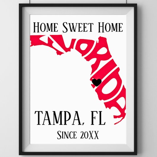Poster Chez Moi À Tampa Floride Carte de l'État Rouge