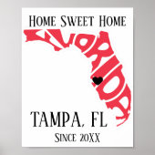 Poster Chez Moi À Tampa Floride Carte de l'État Rouge (Devant)