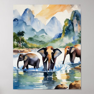Poster Chiang Mai Thaïlande Elephants Aquarelle