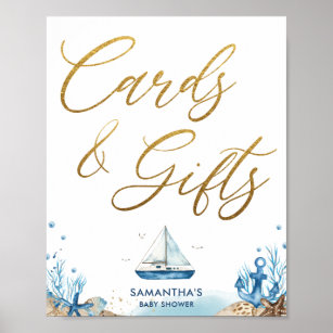 Poster Chic Baby shower nautique Blue Gold Cartes & Cadea